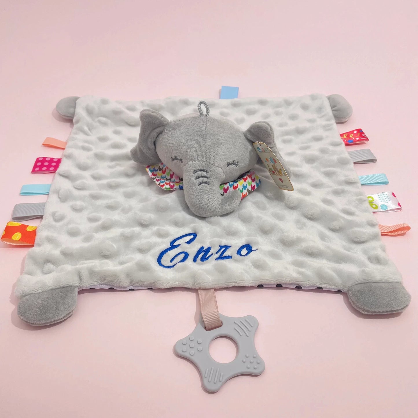 Personalised Baby Elephant Security Blanket Organic Cotton Comforter with Silicone Teether Infant Shower Gift