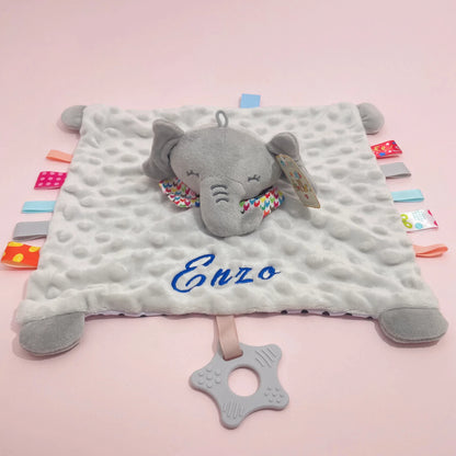 Personalised Baby Elephant Security Blanket Organic Cotton Comforter with Silicone Teether Infant Shower Gift