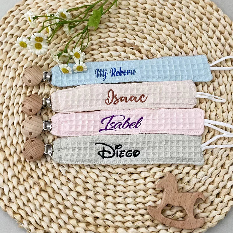Custom Name Pacifier Clip Holder Personalized Fabric Pacifier Clip with Wooden Clip Hand Embroiered Name Baby Shower Gift