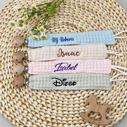 Custom Name Pacifier Clip Holder Personalized Fabric Pacifier Clip with Wooden Clip Hand Embroiered Name Baby Shower Gift