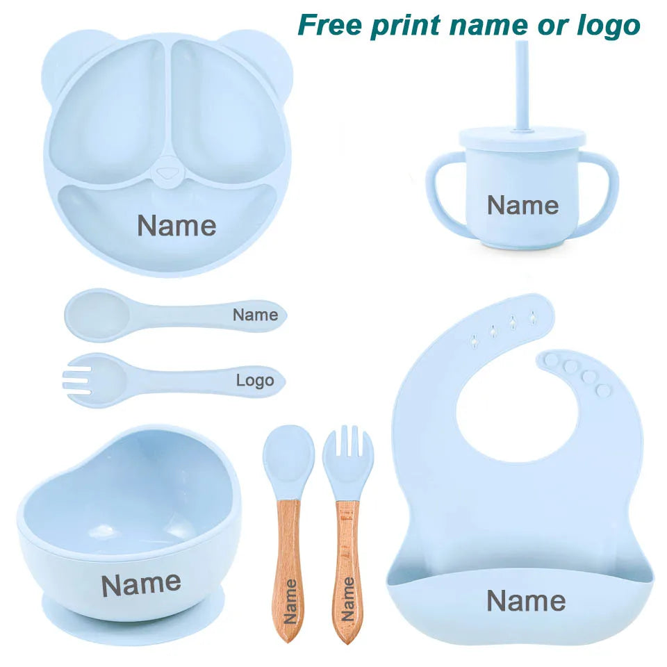 8Pcs/5Pcs Silicone Tableware For Kids Baby Feeding Set Cartoon Plate Personalized Name Sucker Cup Plate Bowl Bib Newborn Gift