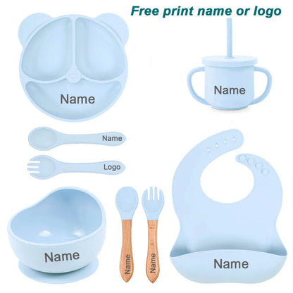 8Pcs/5Pcs Silicone Tableware For Kids Baby Feeding Set Cartoon Plate Personalized Name Sucker Cup Plate Bowl Bib Newborn Gift