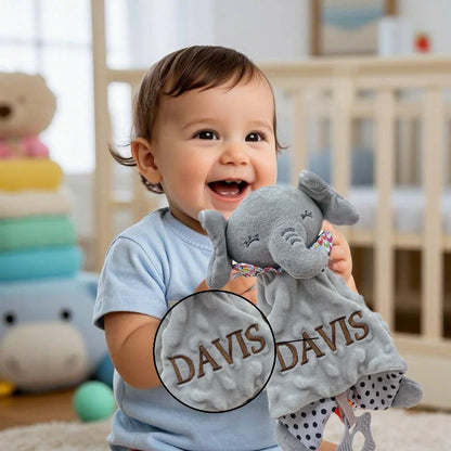 Personalised Baby Elephant Security Blanket Organic Cotton Comforter with Silicone Teether Infant Shower Gift