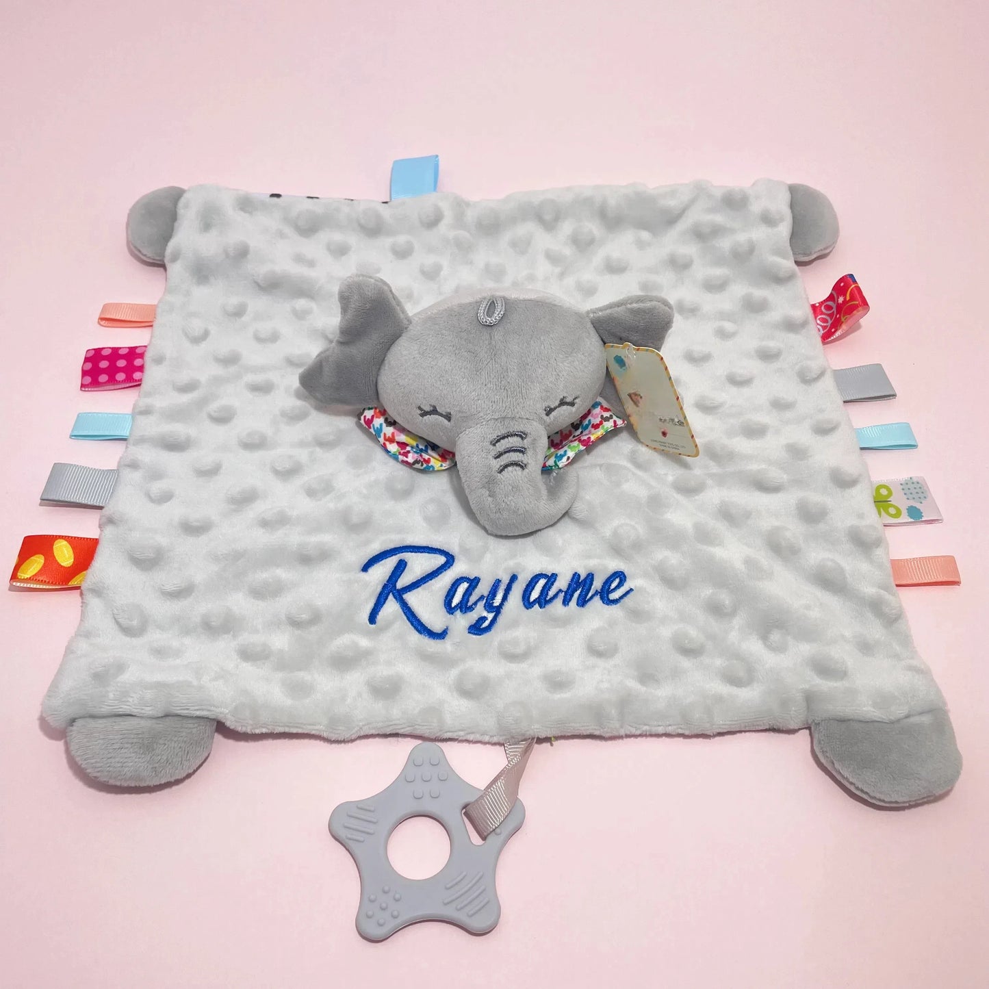 Personalised Baby Elephant Security Blanket Organic Cotton Comforter with Silicone Teether Infant Shower Gift