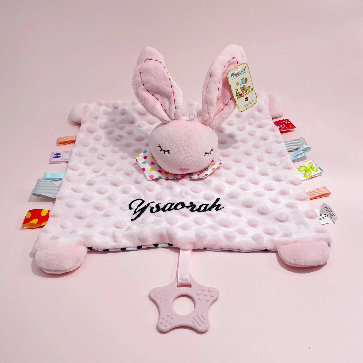 Personalised Baby Elephant Security Blanket Organic Cotton Comforter with Silicone Teether Infant Shower Gift