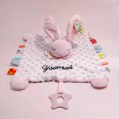 Personalised Baby Elephant Security Blanket Organic Cotton Comforter with Silicone Teether Infant Shower Gift