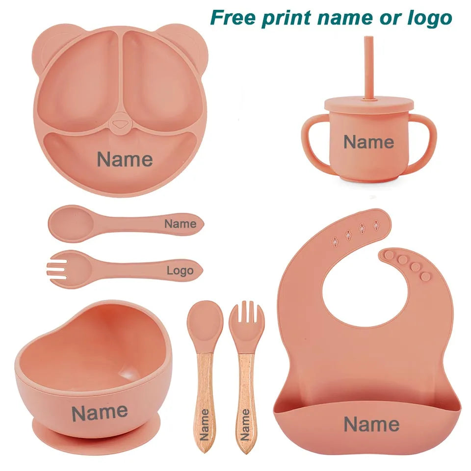 8Pcs/5Pcs Silicone Tableware For Kids Baby Feeding Set Cartoon Plate Personalized Name Sucker Cup Plate Bowl Bib Newborn Gift