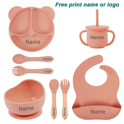 8Pcs/5Pcs Silicone Tableware For Kids Baby Feeding Set Cartoon Plate Personalized Name Sucker Cup Plate Bowl Bib Newborn Gift