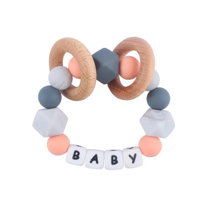 Baby Teether Bracelet Handmade free personalized name Food Grade Silicone Beads Wood ring-shaped Pendant Toys