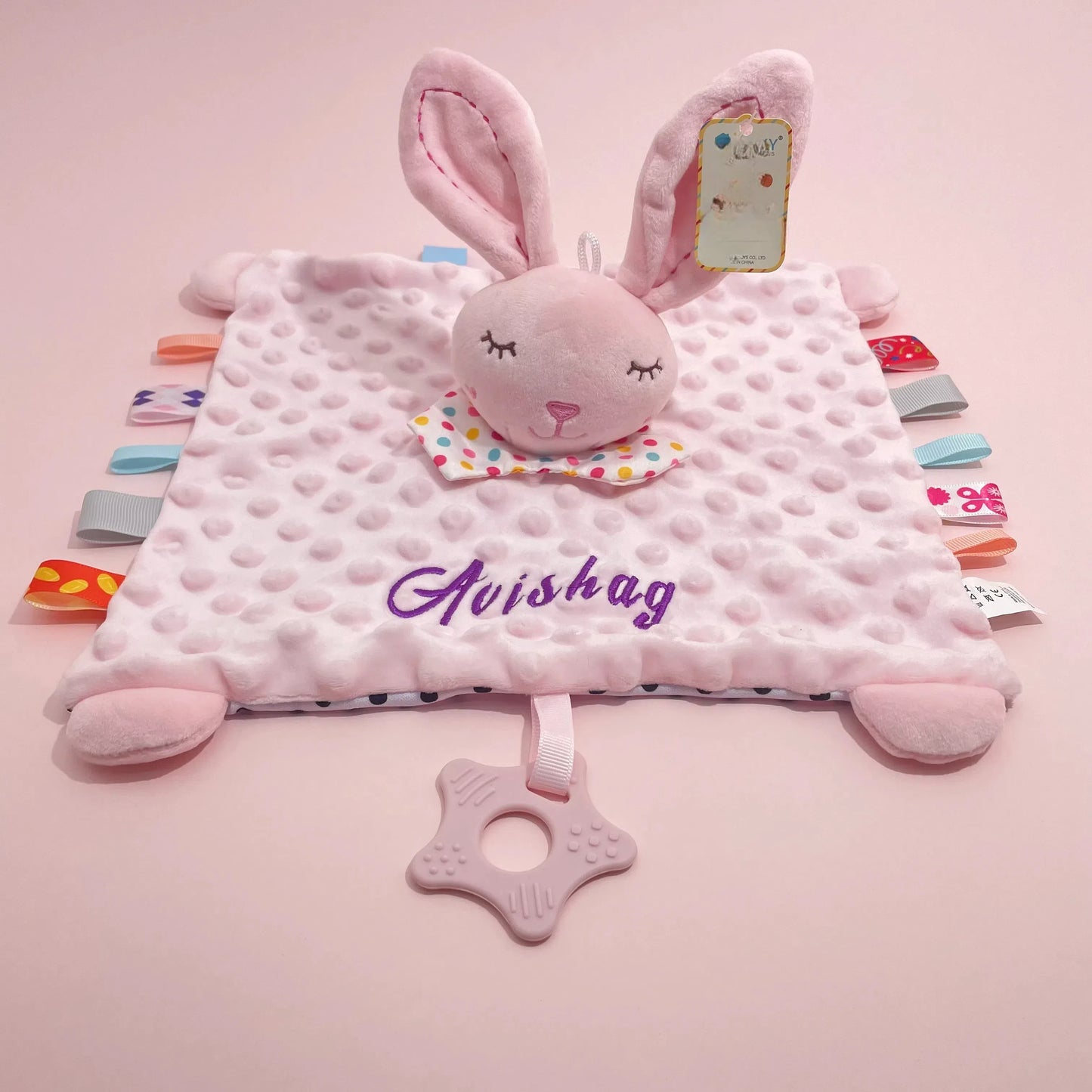 Personalised Baby Elephant Security Blanket Organic Cotton Comforter with Silicone Teether Infant Shower Gift