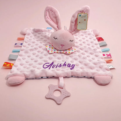 Personalised Baby Elephant Security Blanket Organic Cotton Comforter with Silicone Teether Infant Shower Gift