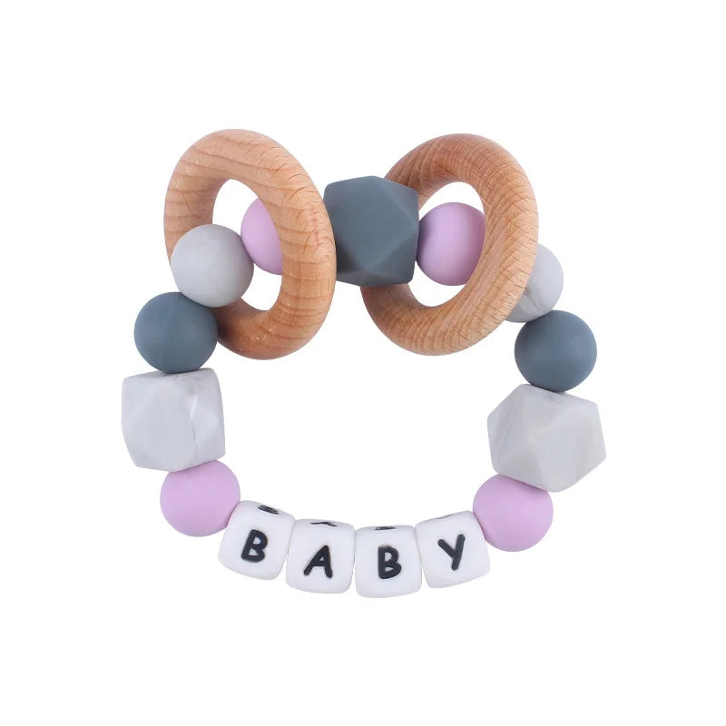 Baby Teether Bracelet Handmade free personalized name Food Grade Silicone Beads Wood ring-shaped Pendant Toys