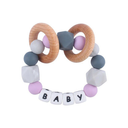 Baby Teether Bracelet Handmade free personalized name Food Grade Silicone Beads Wood ring-shaped Pendant Toys