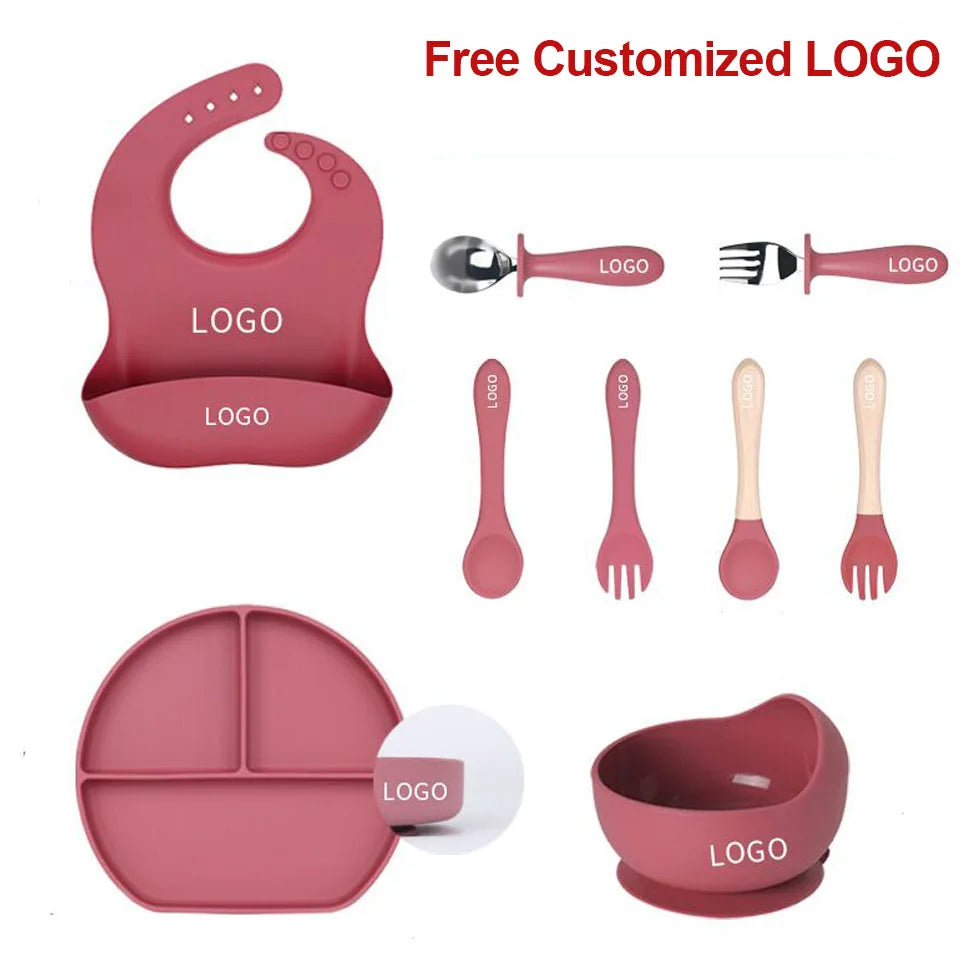 8Pcs/5Pcs Silicone Tableware For Kids Baby Feeding Set Cartoon Plate Personalized Name Sucker Cup Plate Bowl Bib Newborn Gift