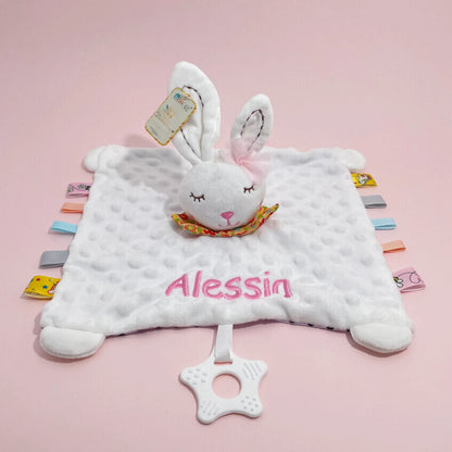 Personalised Baby Elephant Security Blanket Organic Cotton Comforter with Silicone Teether Infant Shower Gift
