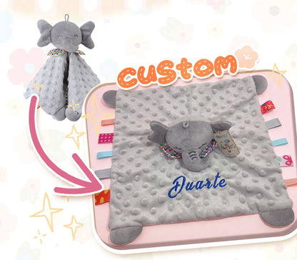 Personalised Baby Elephant Security Blanket Organic Cotton Comforter with Silicone Teether Infant Shower Gift