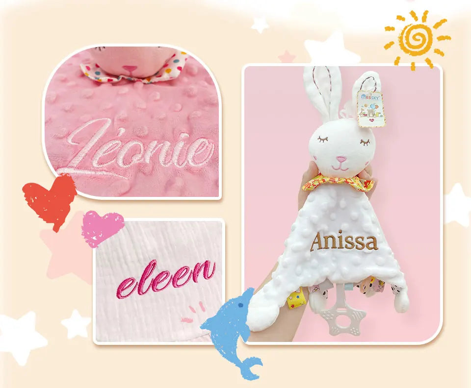 Personalised Baby Elephant Security Blanket Organic Cotton Comforter with Silicone Teether Infant Shower Gift