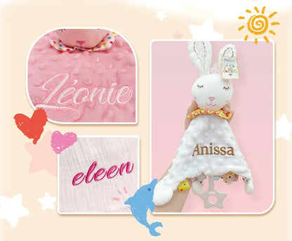 Personalised Baby Elephant Security Blanket Organic Cotton Comforter with Silicone Teether Infant Shower Gift