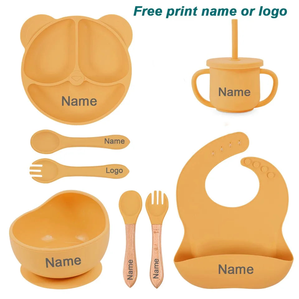 8Pcs/5Pcs Silicone Tableware For Kids Baby Feeding Set Cartoon Plate Personalized Name Sucker Cup Plate Bowl Bib Newborn Gift