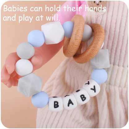 Baby Teether Bracelet Handmade free personalized name Food Grade Silicone Beads Wood ring-shaped Pendant Toys