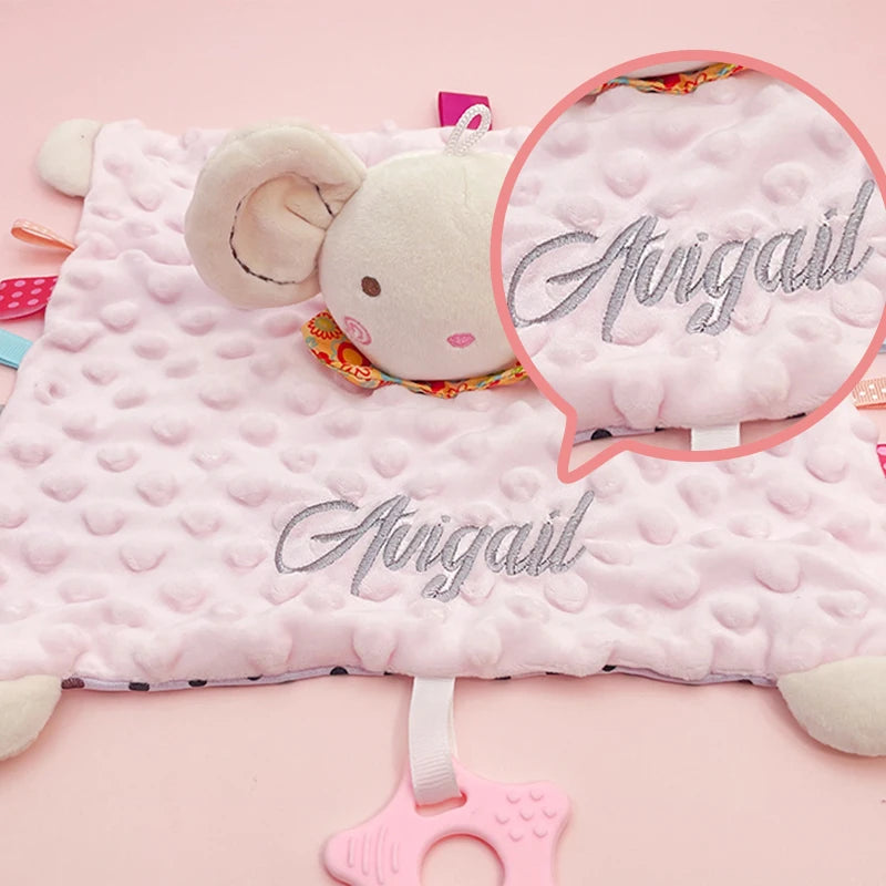 Personalised Baby Elephant Security Blanket Organic Cotton Comforter with Silicone Teether Infant Shower Gift