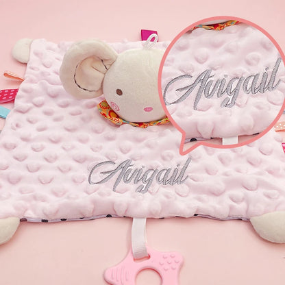 Personalised Baby Elephant Security Blanket Organic Cotton Comforter with Silicone Teether Infant Shower Gift
