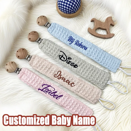 Custom Name Pacifier Clip Holder Personalized Fabric Pacifier Clip with Wooden Clip Hand Embroiered Name Baby Shower Gift