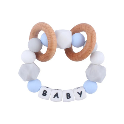 Baby Teether Bracelet Handmade free personalized name Food Grade Silicone Beads Wood ring-shaped Pendant Toys