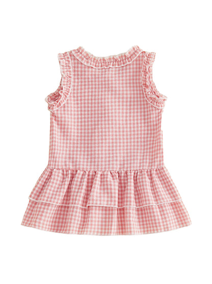 FOCUSNORM 0-4Y Lovely Kids Girls A-line Dress Sleeveless Crew Neck Layered Plaid Summer Dress for Casual Daily