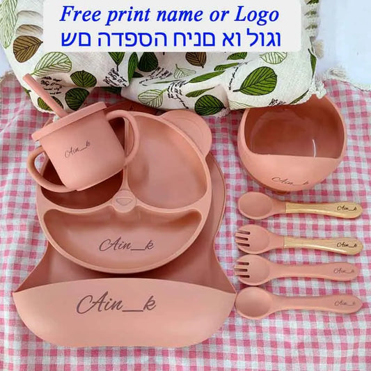 8Pcs/5Pcs Silicone Tableware For Kids Baby Feeding Set Cartoon Plate Personalized Name Sucker Cup Plate Bowl Bib Newborn Gift