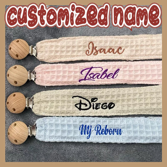 Custom Name Pacifier Clip Holder Personalized Fabric Pacifier Clip with Wooden Clip Hand Embroiered Name Baby Shower Gift