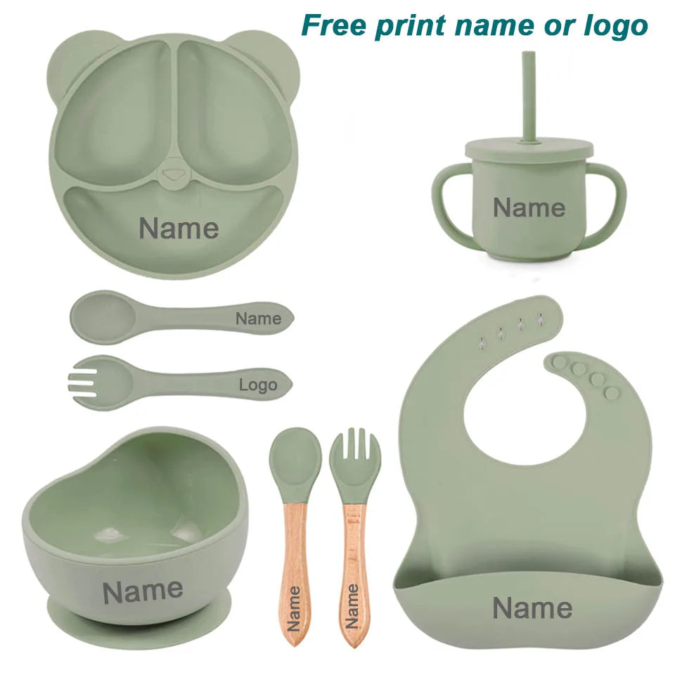 8Pcs/5Pcs Silicone Tableware For Kids Baby Feeding Set Cartoon Plate Personalized Name Sucker Cup Plate Bowl Bib Newborn Gift