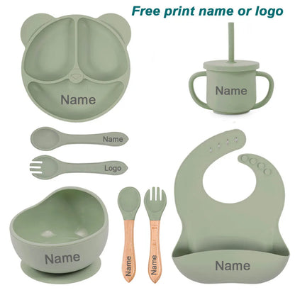 8Pcs/5Pcs Silicone Tableware For Kids Baby Feeding Set Cartoon Plate Personalized Name Sucker Cup Plate Bowl Bib Newborn Gift