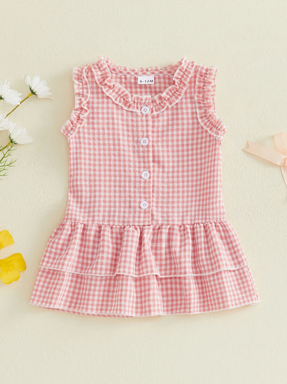 FOCUSNORM 0-4Y Lovely Kids Girls A-line Dress Sleeveless Crew Neck Layered Plaid Summer Dress for Casual Daily